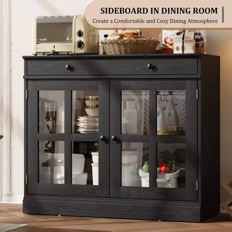 Credenza a Buffet con Ante in Vetro e Ripiani Contenitori
