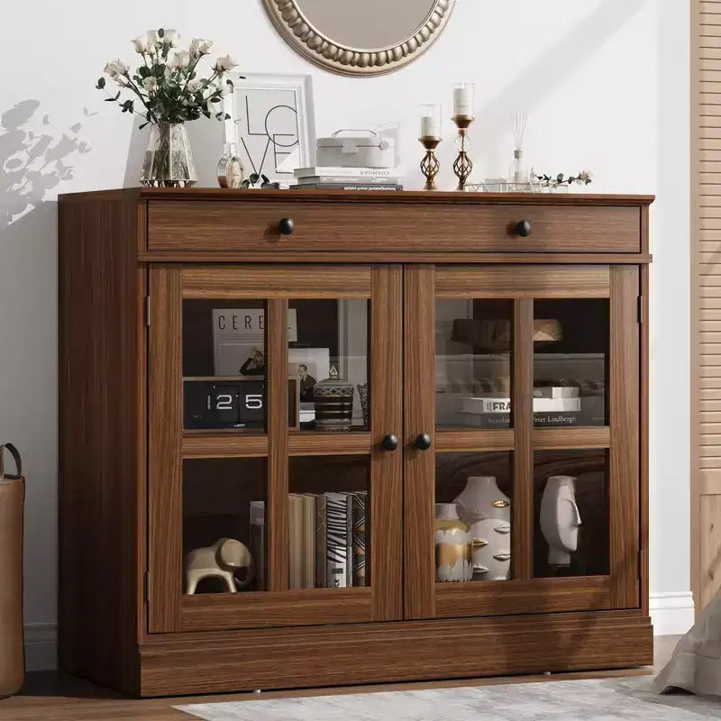 Credenza a Buffet con Ante in Vetro e Ripiani Contenitori