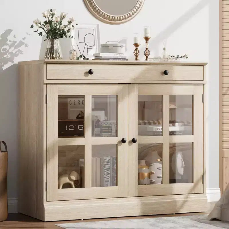 Credenza a Buffet con Ante in Vetro e Ripiani Contenitori