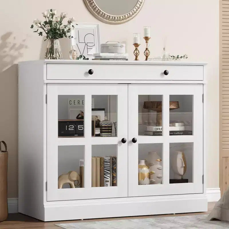 Credenza a Buffet con Ante in Vetro e Ripiani Contenitori
