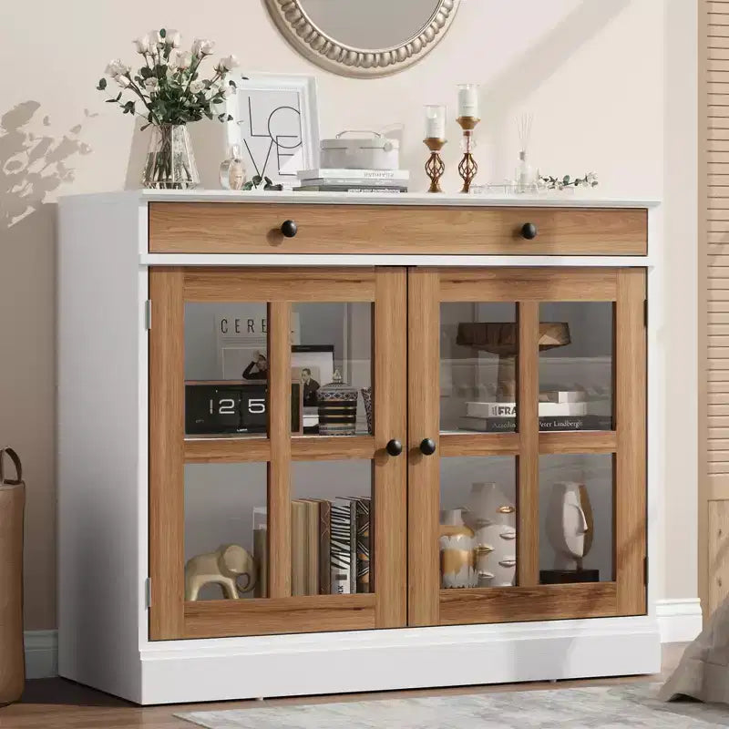 Credenza a Buffet con Ante in Vetro e Ripiani Contenitori