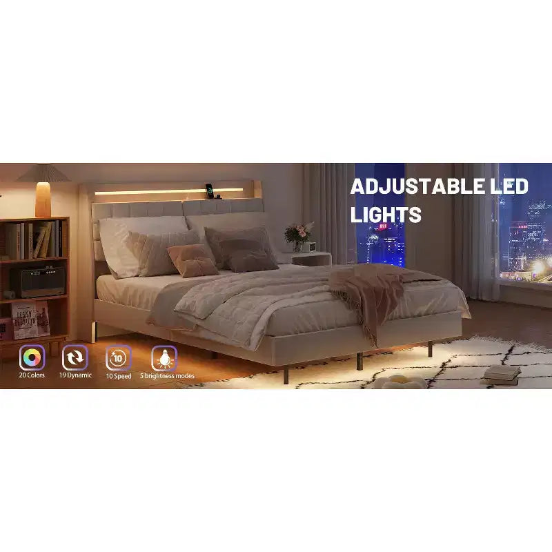 Struttura letto a piattaforma sospesa con illuminazione a LED e porte di ricarica
