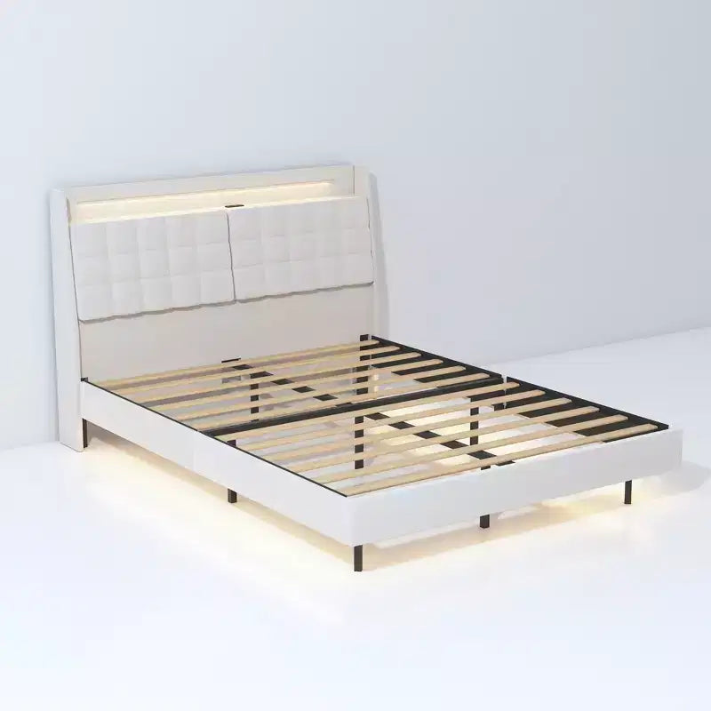 Struttura letto a piattaforma sospesa con illuminazione a LED e porte di ricarica