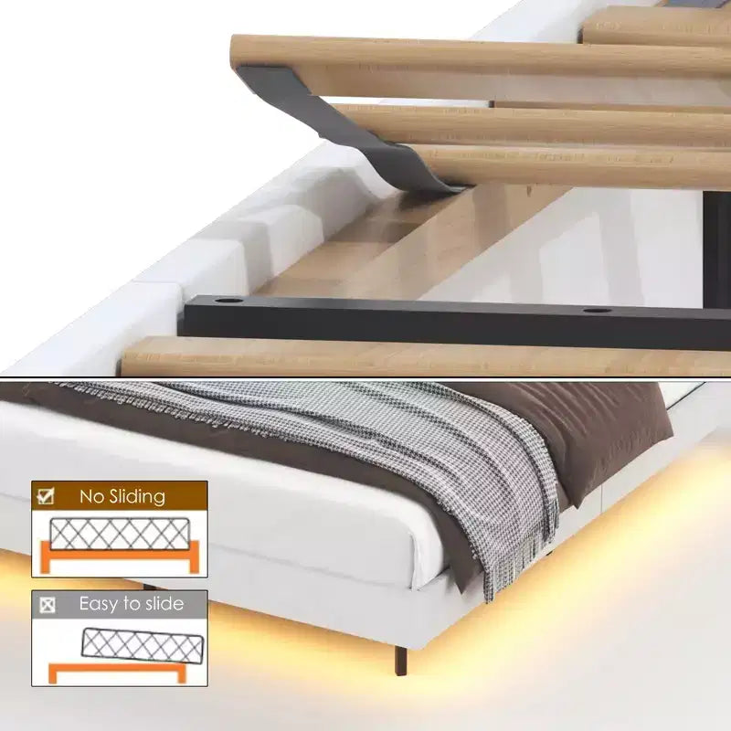 Struttura letto a piattaforma sospesa con illuminazione a LED e porte di ricarica