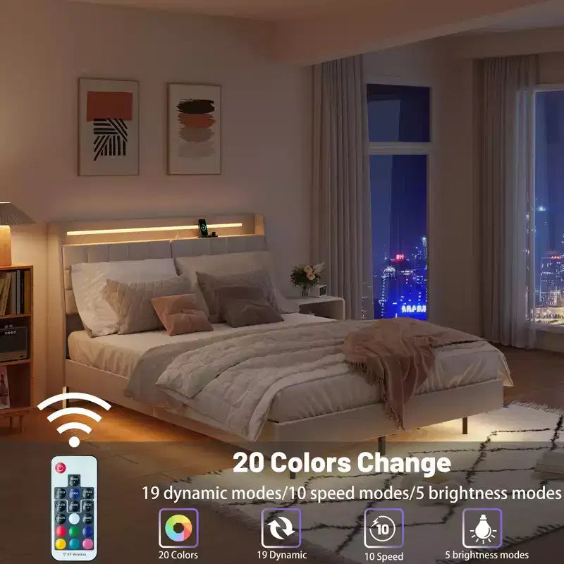 Struttura letto a piattaforma sospesa con illuminazione a LED e porte di ricarica