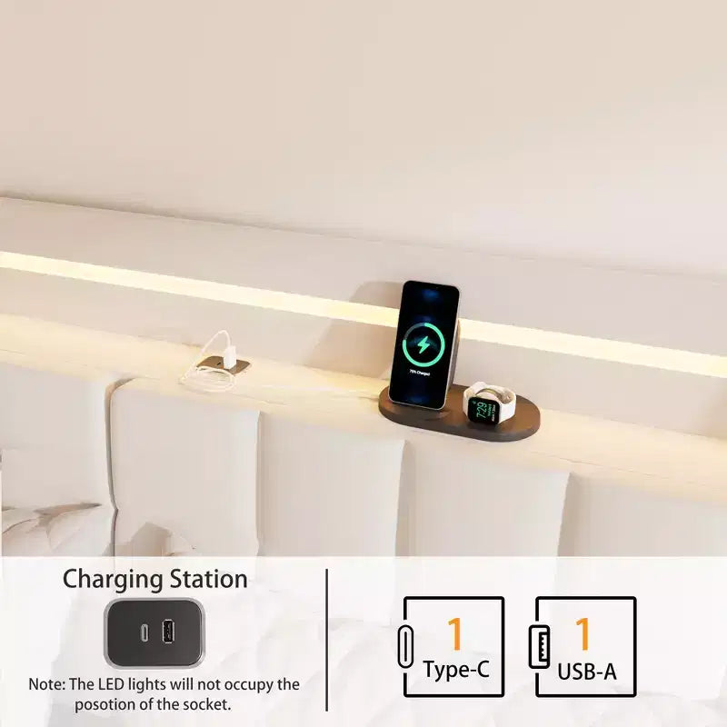 Struttura letto a piattaforma sospesa con illuminazione a LED e porte di ricarica