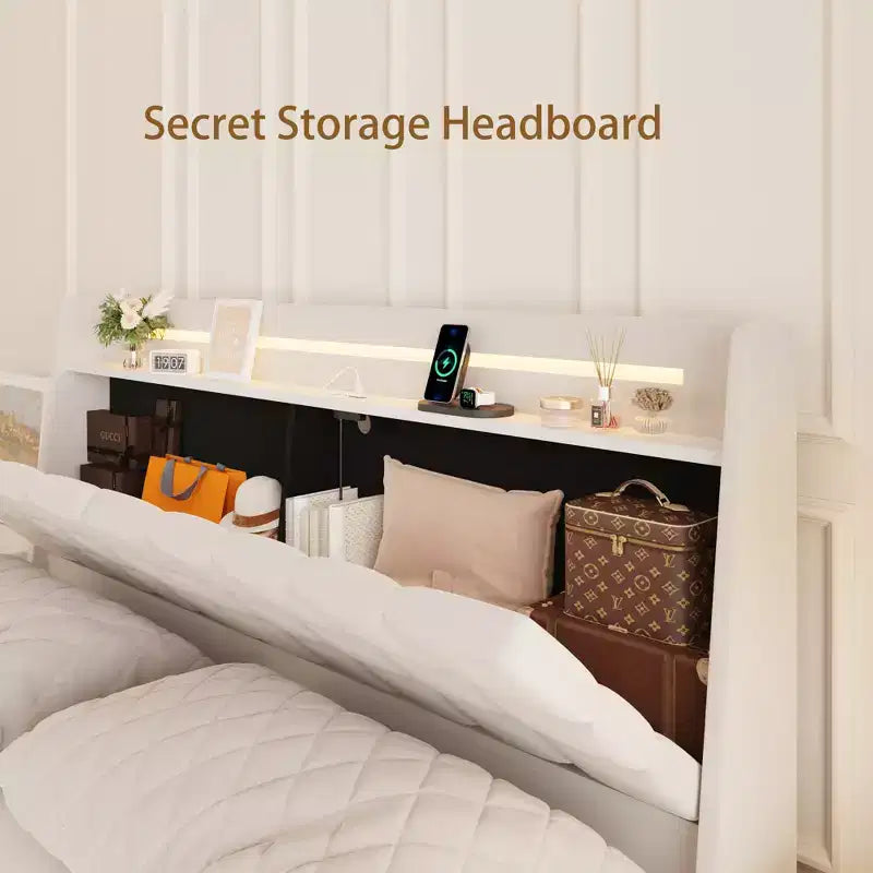 Struttura letto a piattaforma sospesa con illuminazione a LED e porte di ricarica