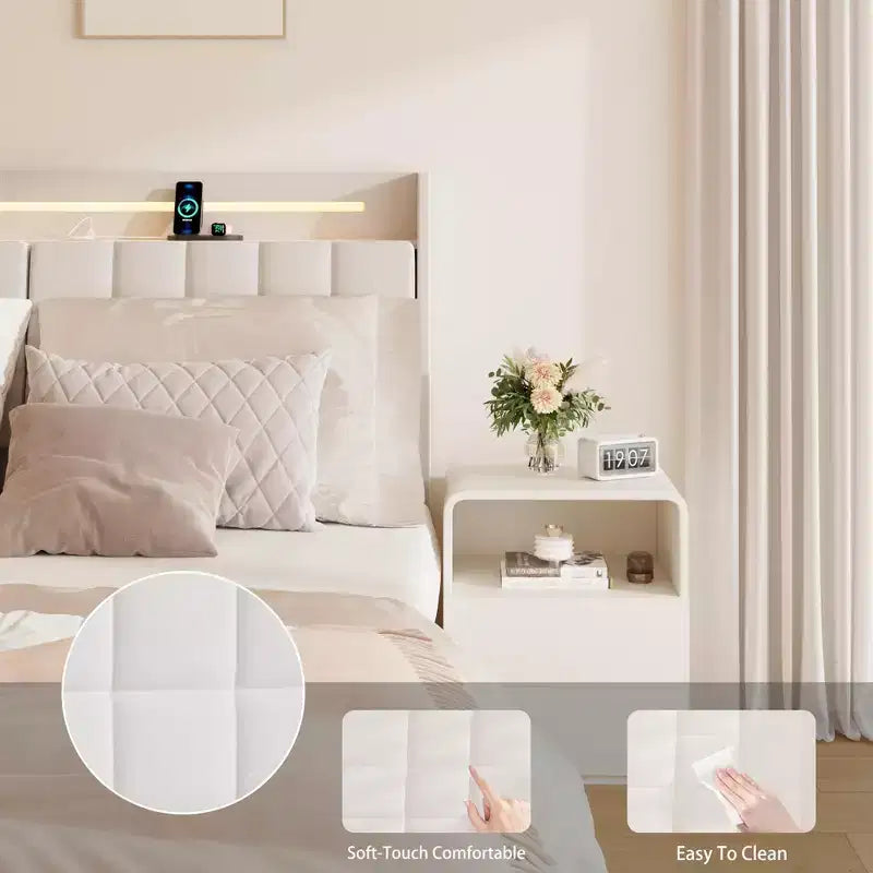 Struttura letto a piattaforma sospesa con illuminazione a LED e porte di ricarica