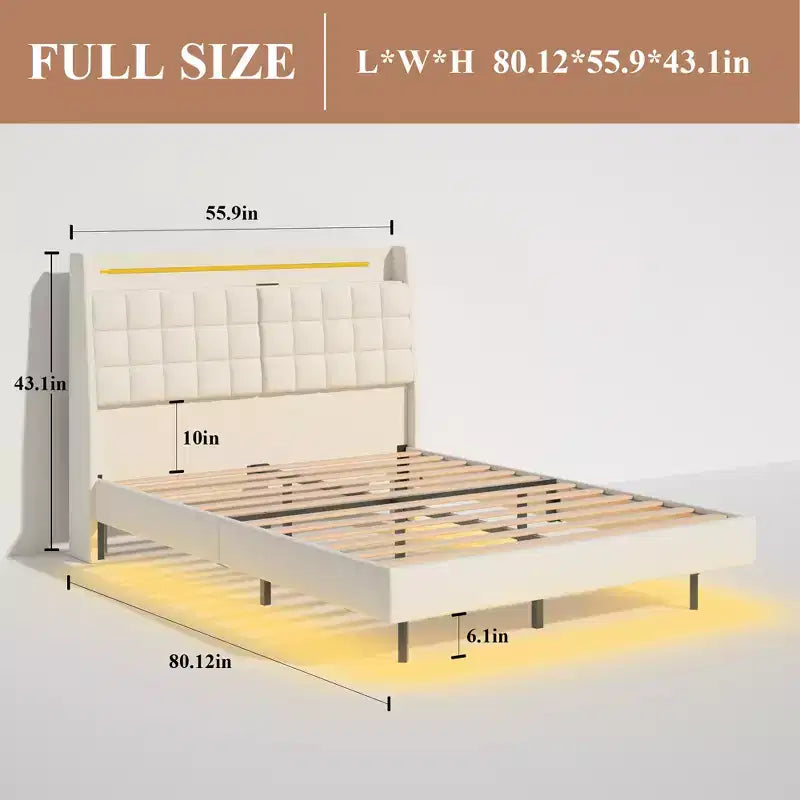 Struttura letto a piattaforma sospesa con illuminazione a LED e porte di ricarica