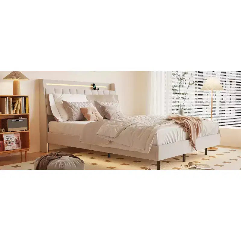 Struttura letto a piattaforma sospesa con illuminazione a LED e porte di ricarica