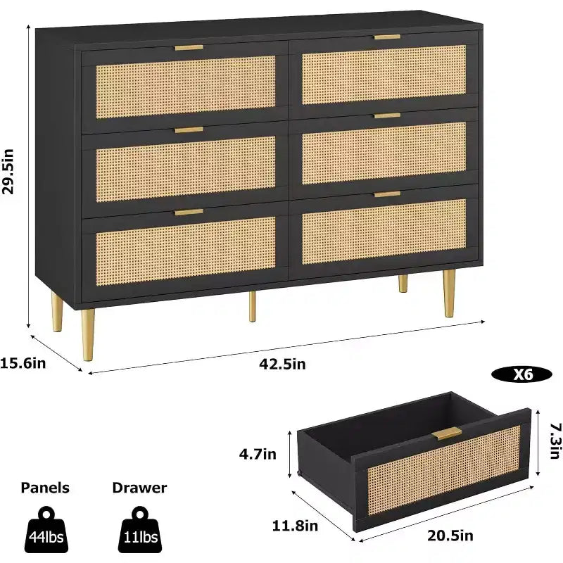 Cassettiera a 6 cassetti con pannelli in rattan e gambe in metallo
