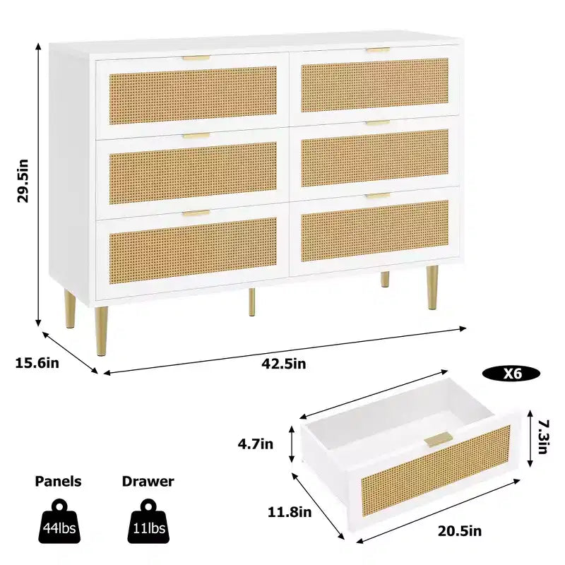 Cassettiera a 6 cassetti con pannelli in rattan e gambe in metallo