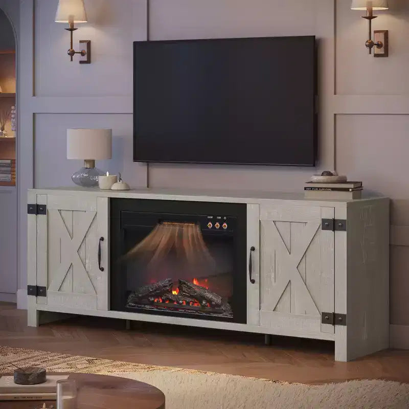 Mobile TV da 63" con caminetto e ante a granaio per TV fino a 70"