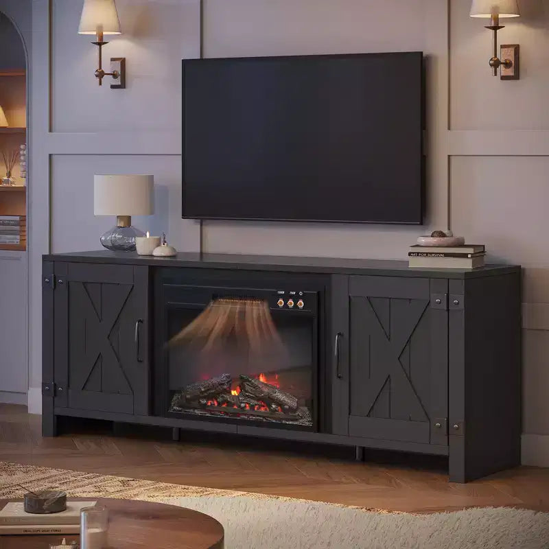 Mobile TV da 63" con caminetto e ante a granaio per TV fino a 70"