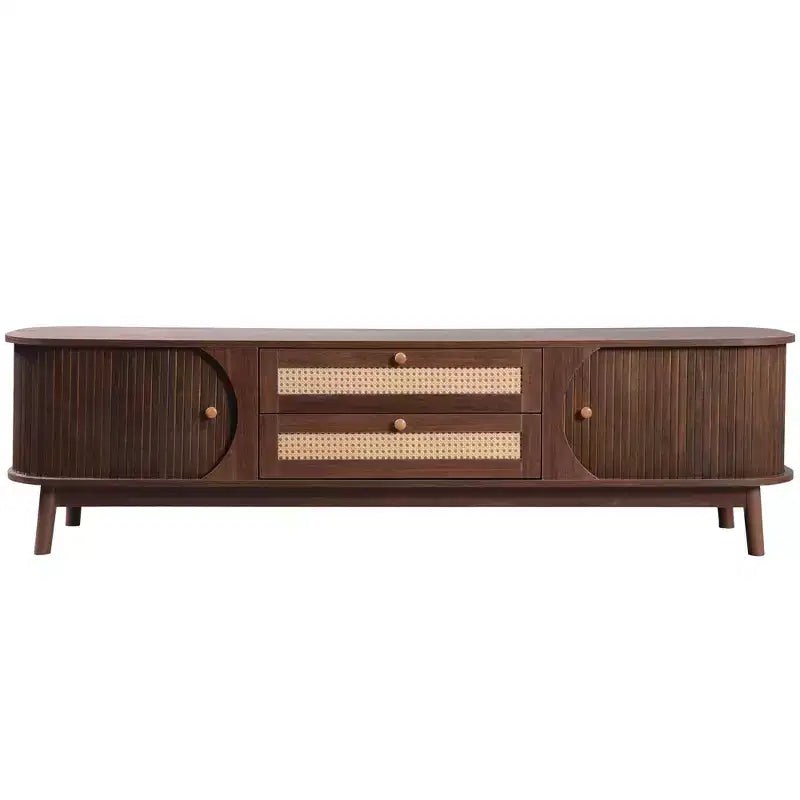 Mobile TV in rattan per TV fino a 75 pollici, mobile TV in legno con 2 cassetti e gambe in legno massello, legno naturale e marrone