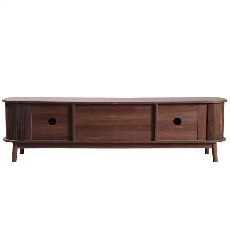 Mobile TV in rattan per TV fino a 75 pollici, mobile TV in legno con 2 cassetti e gambe in legno massello, legno naturale e marrone