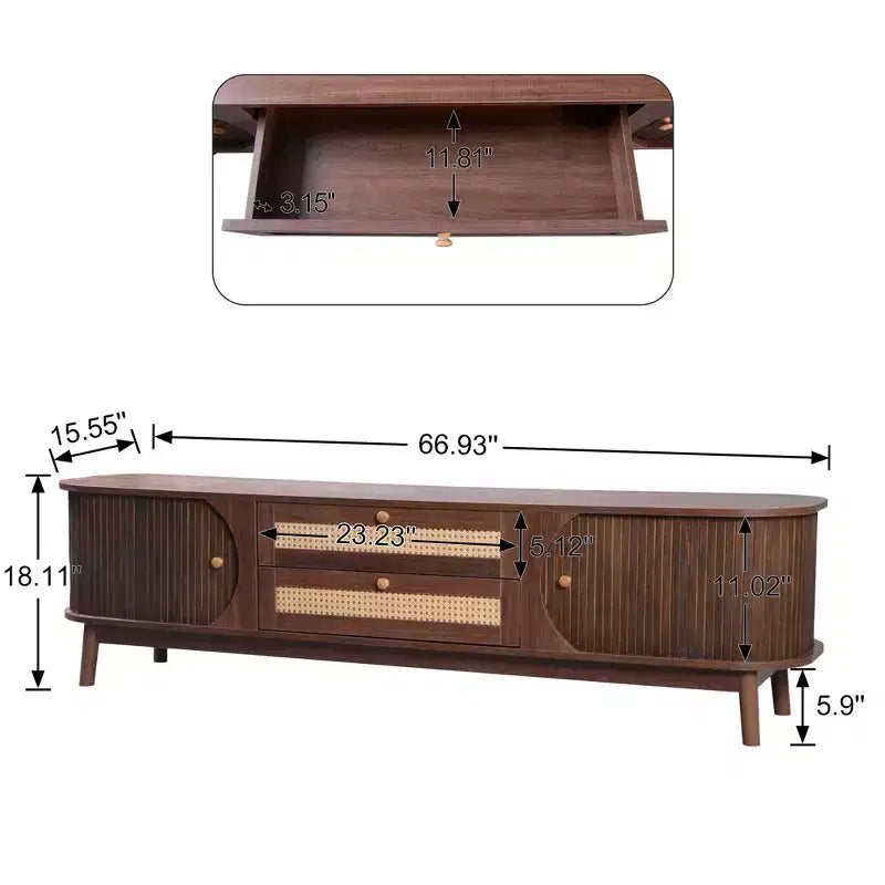 Mobile TV in rattan per TV fino a 75 pollici, mobile TV in legno con 2 cassetti e gambe in legno massello, legno naturale e marrone