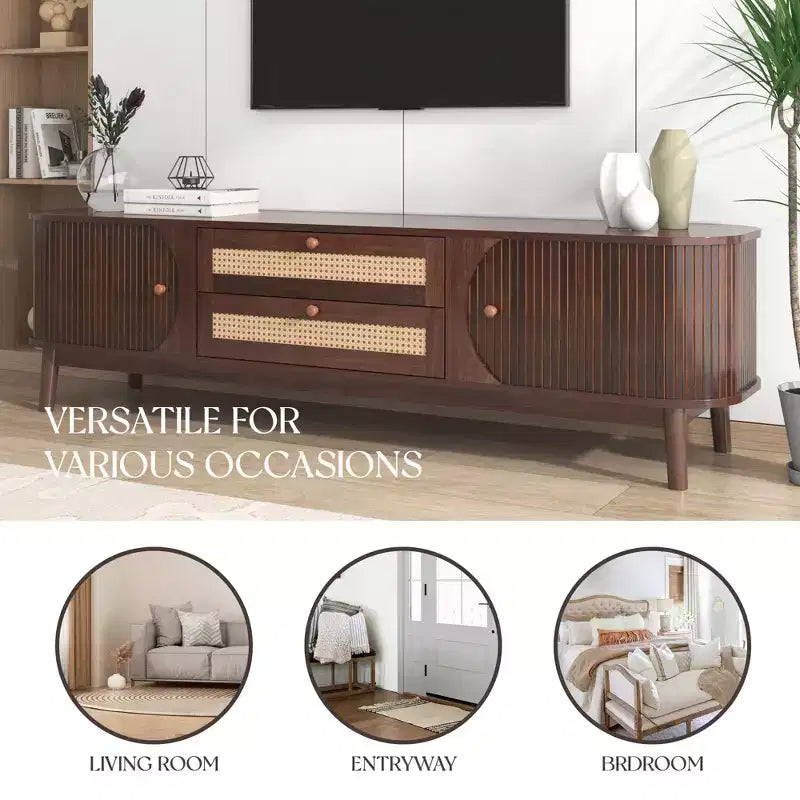 Mobile TV in rattan per TV fino a 75 pollici, mobile TV in legno con 2 cassetti e gambe in legno massello, legno naturale e marrone