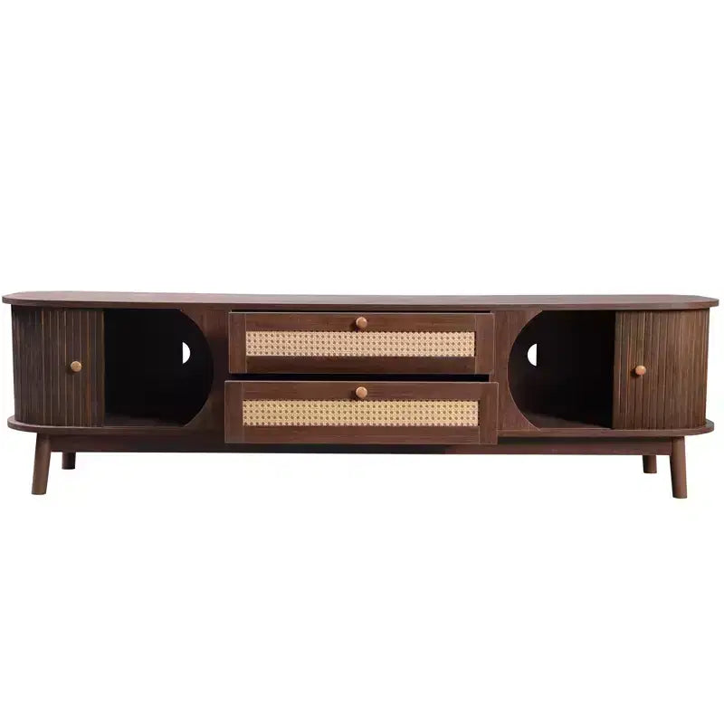 Mobile TV in rattan per TV fino a 75 pollici, mobile TV in legno con 2 cassetti e gambe in legno massello, legno naturale e marrone