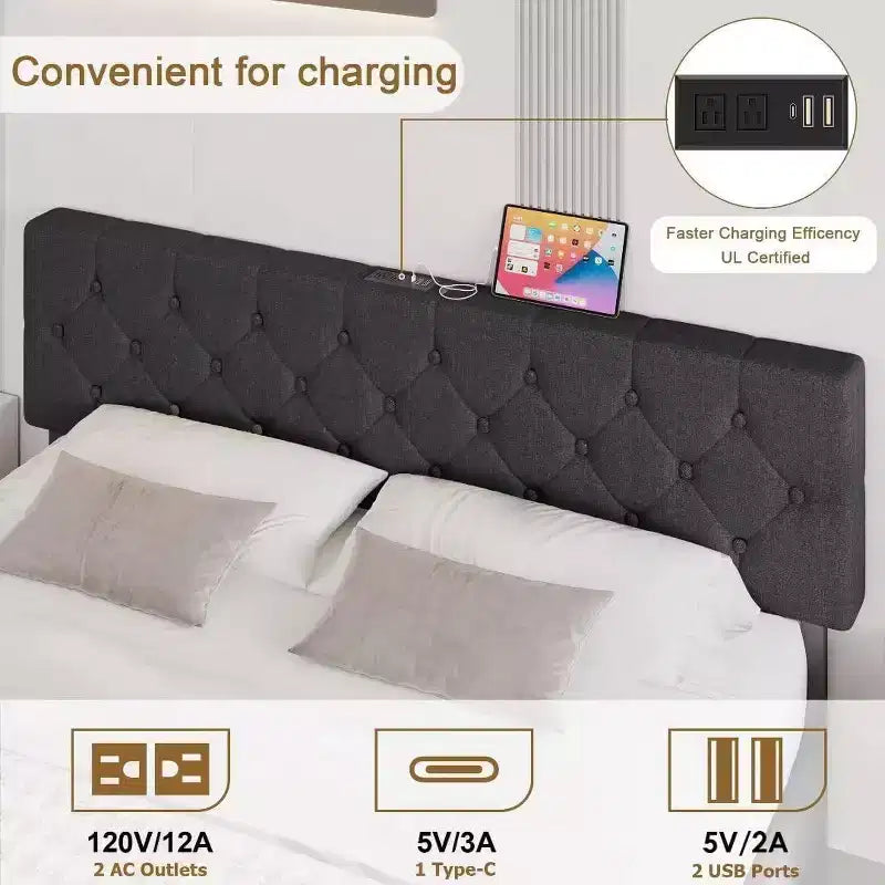 Telaio Letto Imbottito Matrimoniale con Testiera Ricarica USB e Type-C, Trapuntatura a Diamante, Grigio, Nessuna Rete a Molle Necessaria