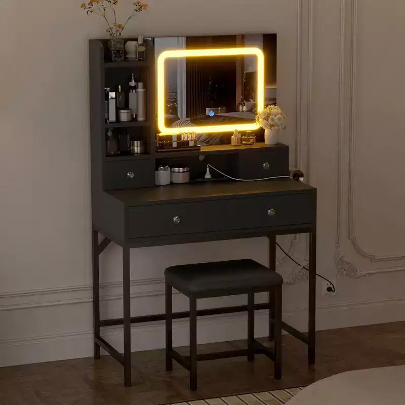 Toeletta illuminata con specchio, sgabello, cassetti e ripiani portaoggetti