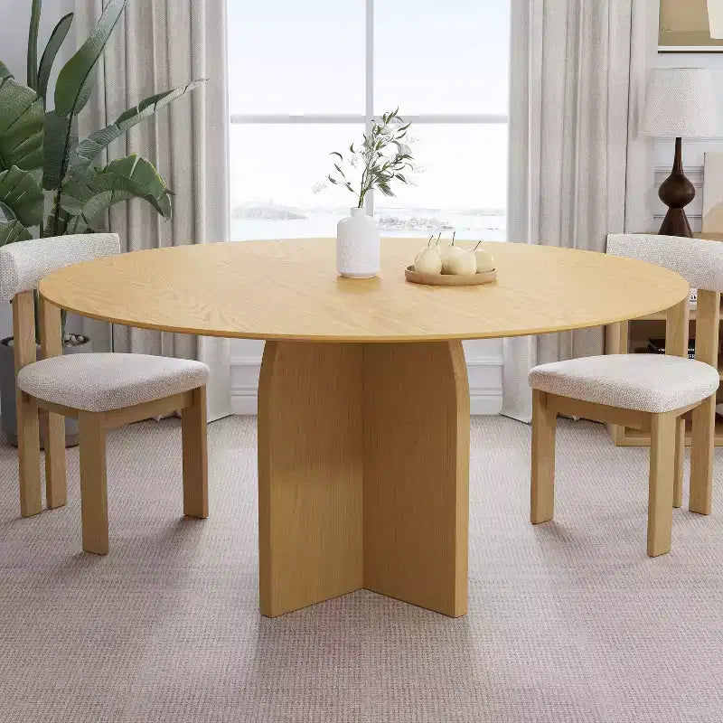 Tavolo da pranzo rotondo in legno massello da 150 cm – Posti a sedere fino a 8, Base a piedistallo, Finitura gialla