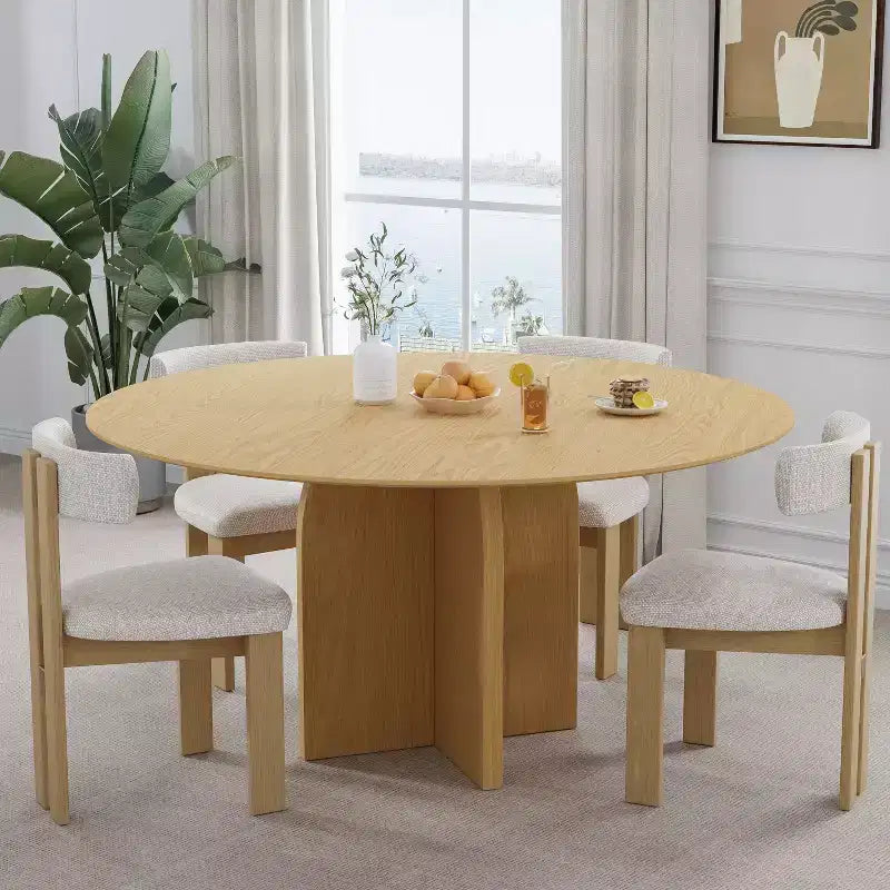 Tavolo da pranzo rotondo in legno massello da 150 cm – Posti a sedere fino a 8, Base a piedistallo, Finitura gialla