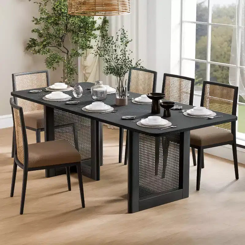 Tavolo da pranzo rustico 79 x 33,5 pollici con gambe in rattan intrecciato, 8 posti, nero