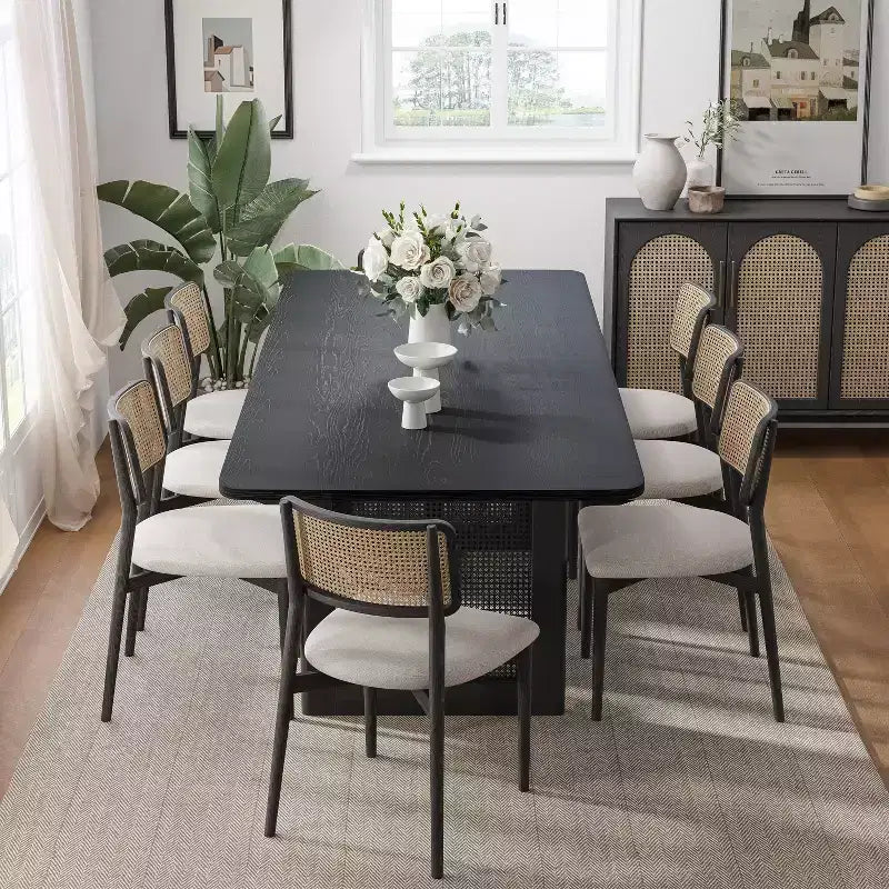 Tavolo da pranzo rustico 79 x 33,5 pollici con gambe in rattan intrecciato, 8 posti, nero
