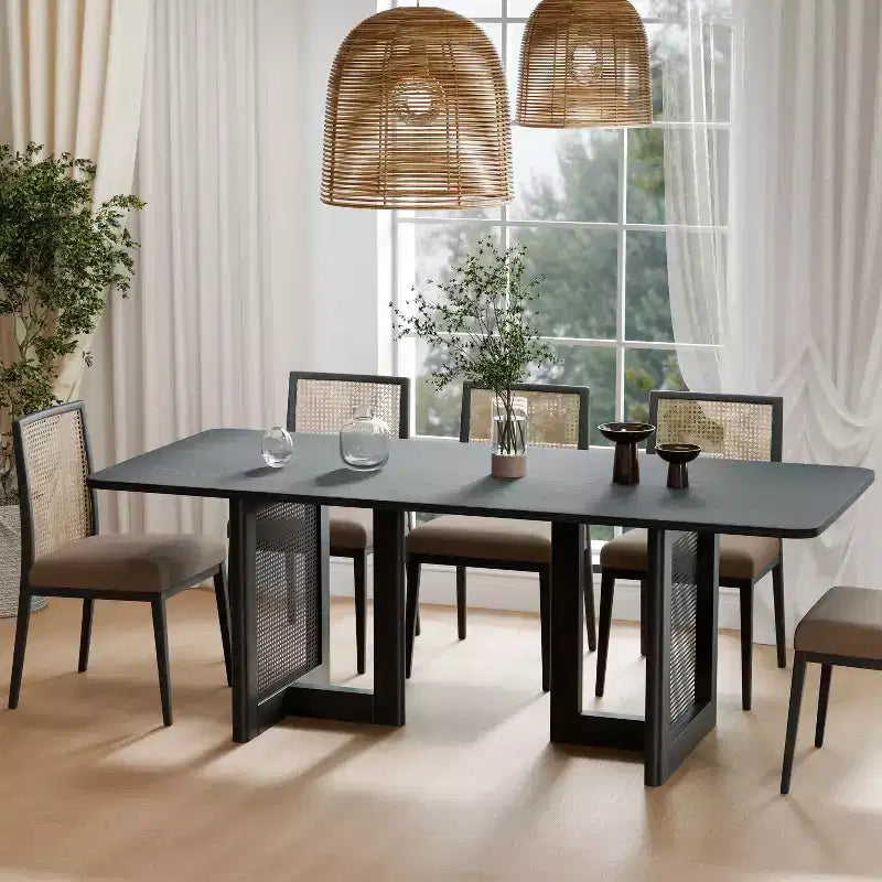 Tavolo da pranzo rustico 79 x 33,5 pollici con gambe in rattan intrecciato, 8 posti, nero