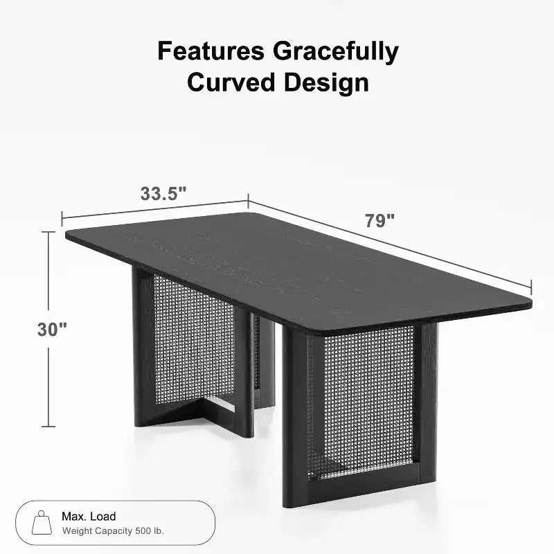 Tavolo da pranzo rustico 79 x 33,5 pollici con gambe in rattan intrecciato, 8 posti, nero