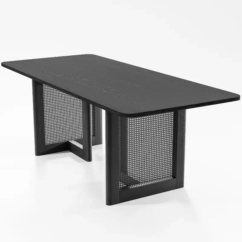 Tavolo da pranzo rustico 79 x 33,5 pollici con gambe in rattan intrecciato, 8 posti, nero