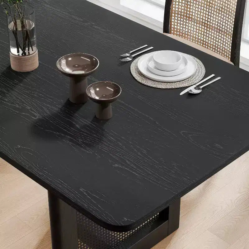 Tavolo da pranzo rustico 79 x 33,5 pollici con gambe in rattan intrecciato, 8 posti, nero