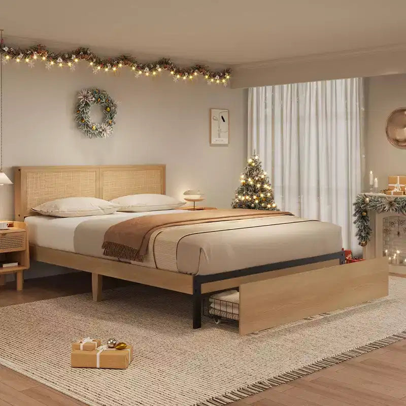 Struttura letto in rattan con 2 cassetti, letto a piattaforma in legno con testiera in rattan, non richiede rete, rovere naturale