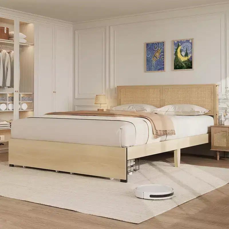 Struttura letto in rattan con 2 cassetti, letto a piattaforma in legno con testiera in rattan, non richiede rete, rovere naturale