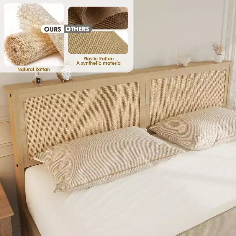 Struttura letto in rattan con 2 cassetti, letto a piattaforma in legno con testiera in rattan, non richiede rete, rovere naturale