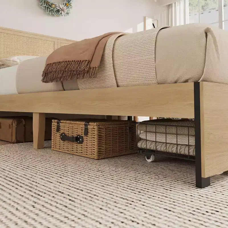 Struttura letto in rattan con 2 cassetti, letto a piattaforma in legno con testiera in rattan, non richiede rete, rovere naturale
