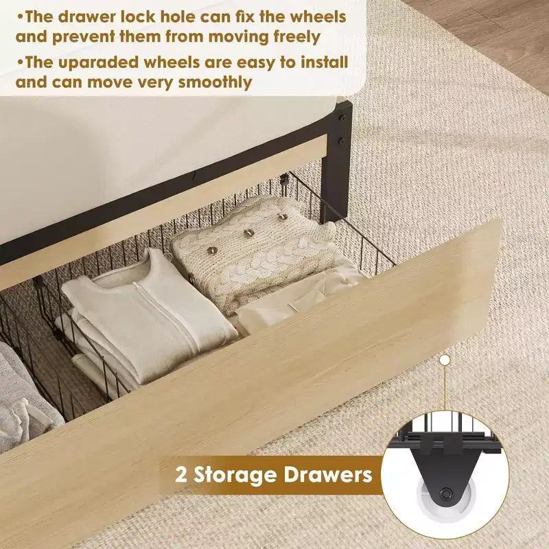 Struttura letto in rattan con 2 cassetti, letto a piattaforma in legno con testiera in rattan, non richiede rete, rovere naturale