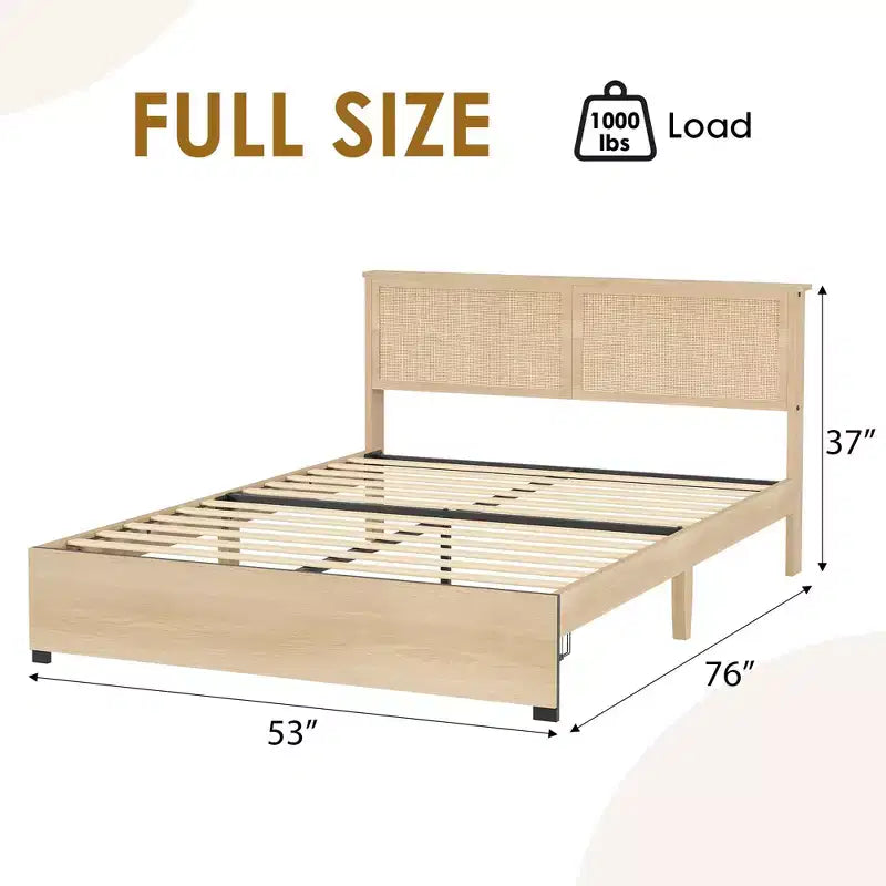 Struttura letto in rattan con 2 cassetti, letto a piattaforma in legno con testiera in rattan, non richiede rete, rovere naturale