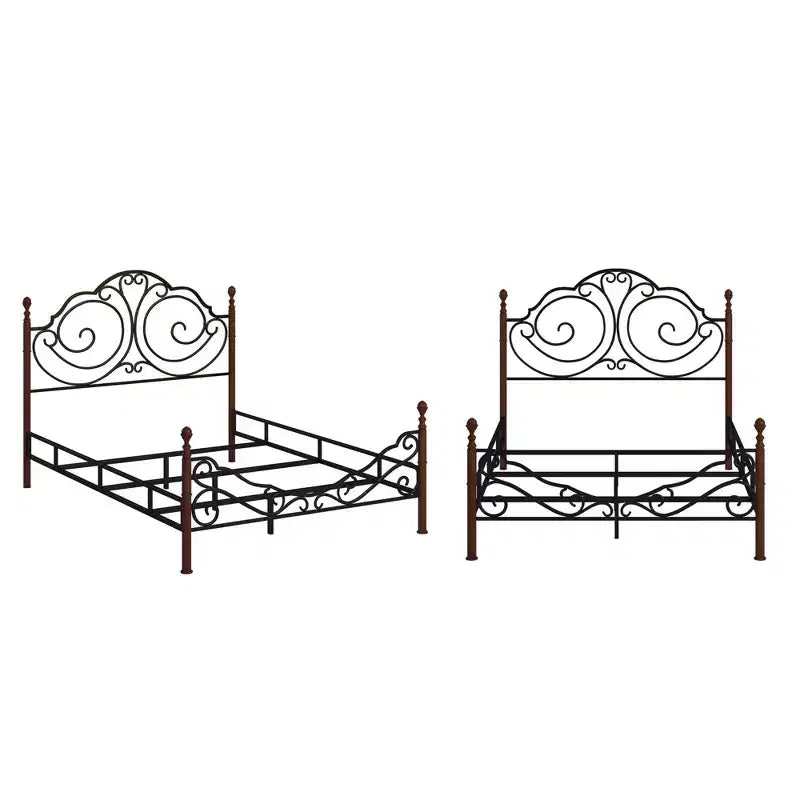 Struttura Letto Matrimoniale in Metallo con Lavorazione a Volute Decorative, Finitura Ciliegio