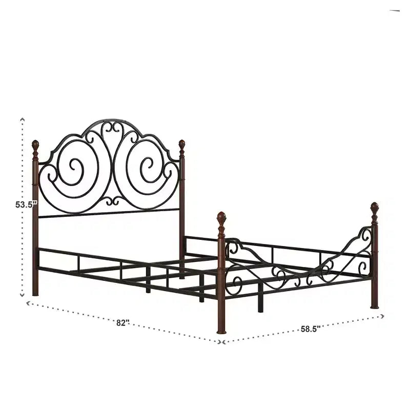 Struttura Letto Matrimoniale in Metallo con Lavorazione a Volute Decorative, Finitura Ciliegio