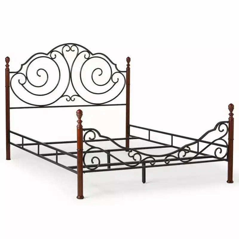 Struttura Letto Matrimoniale in Metallo con Lavorazione a Volute Decorative, Finitura Ciliegio