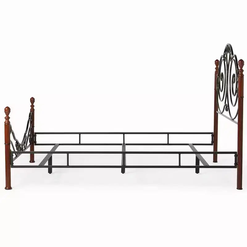 Struttura Letto Matrimoniale in Metallo con Lavorazione a Volute Decorative, Finitura Ciliegio