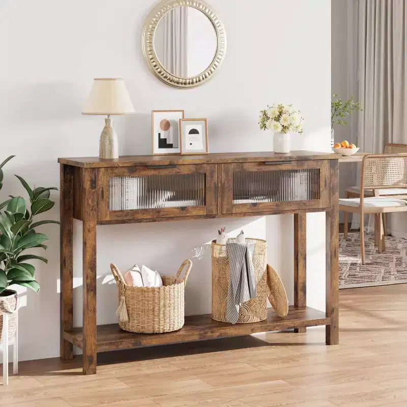 Tavolo console a 2 ripiani con cassetti frontali in vetro e ripiano aperto