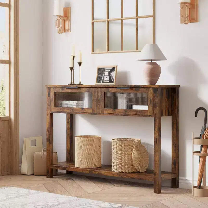 Tavolo console a 2 ripiani con cassetti frontali in vetro e ripiano aperto