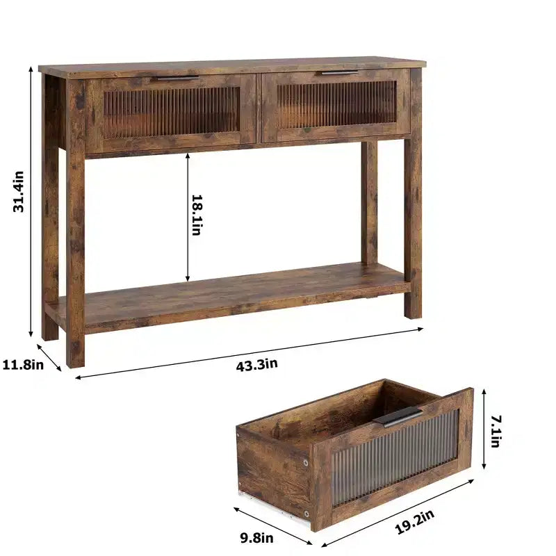 Tavolo console a 2 ripiani con cassetti frontali in vetro e ripiano aperto