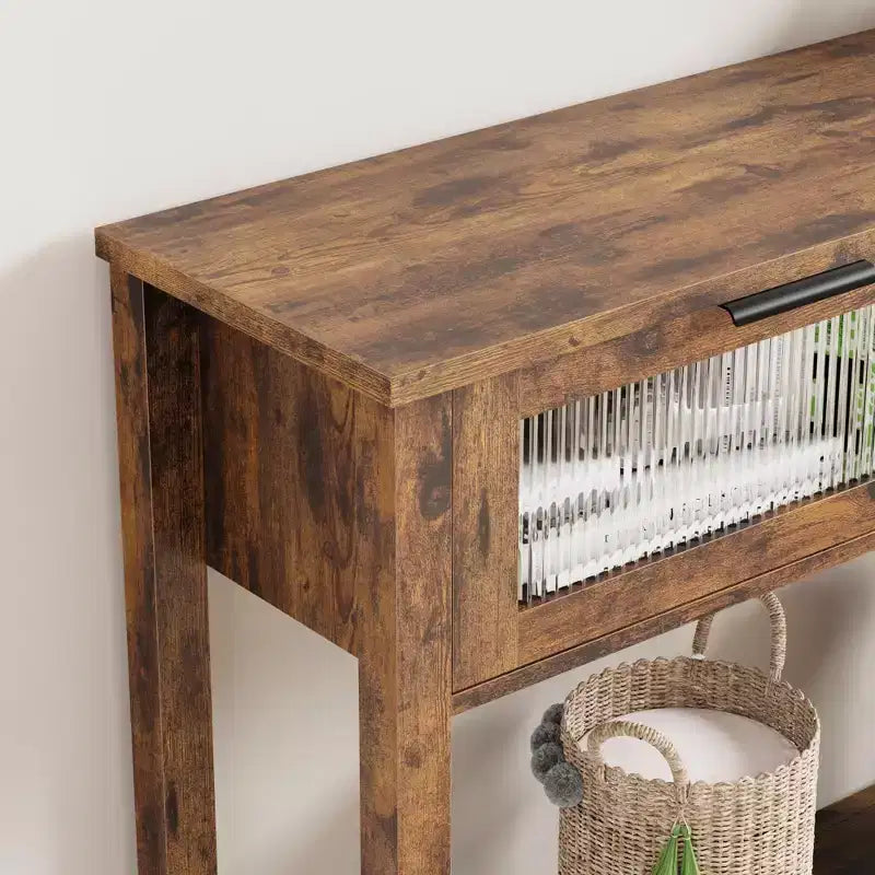 Tavolo console a 2 ripiani con cassetti frontali in vetro e ripiano aperto