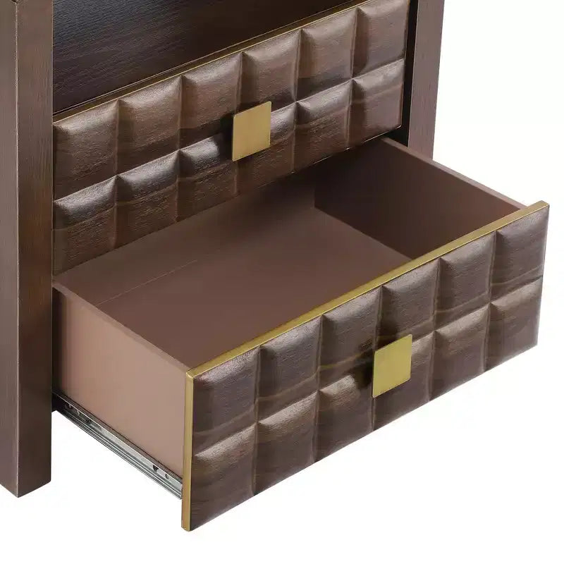 Comodino moderno curvo con 2 cassetti e ripiano aperto – Noce