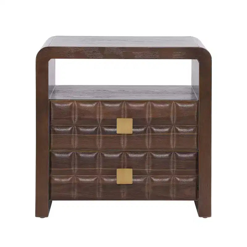 Comodino moderno curvo con 2 cassetti e ripiano aperto – Noce