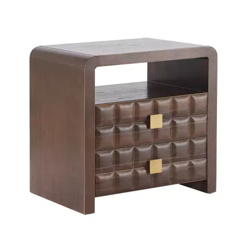 Comodino moderno curvo con 2 cassetti e ripiano aperto – Noce